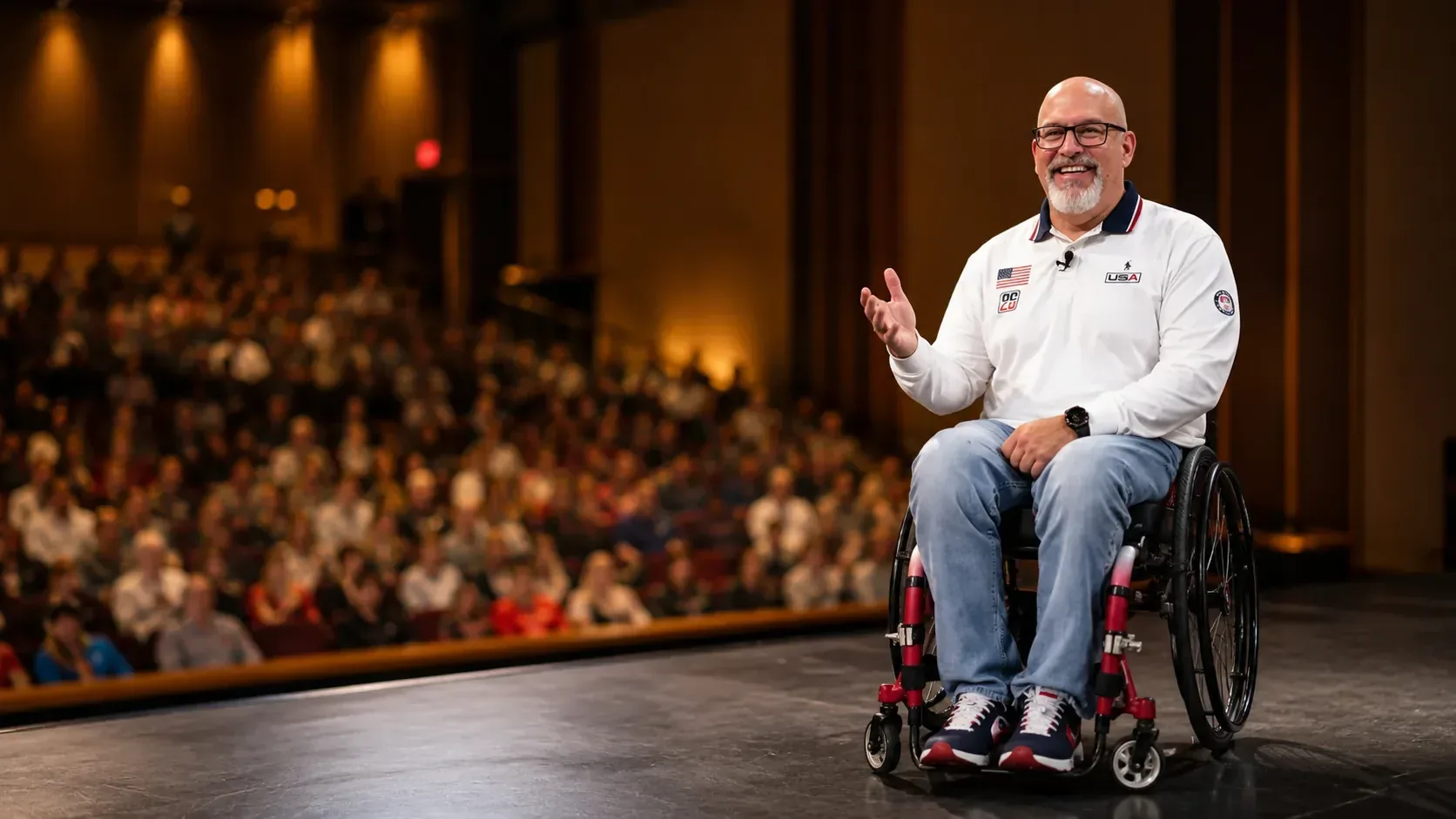 Steve Emt speaking on stage to a packed auditorium