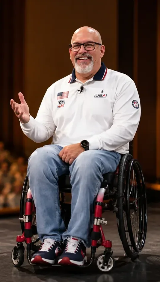 Steve Emt on stage in his wheelchair